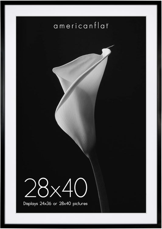 Americanflat 28x40 Poster Frame with Polished Plexiglass - Use as 24x36 Frame with Mat or 28x40 Frame Without Mat - Soho Collection - Gallery Style Deep Molding Frame for Wall Display - Black