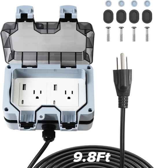 ZUYIYI Outdoor Power Outlet Box with 9.8Ft Extension Cord, NEMA 5-15R Dual Electrical Outlets, Type C & USB Ports, STW 14 AWG, Weatherproof Waterproof IP66, Exterior Wall Socket with Cover for Garden