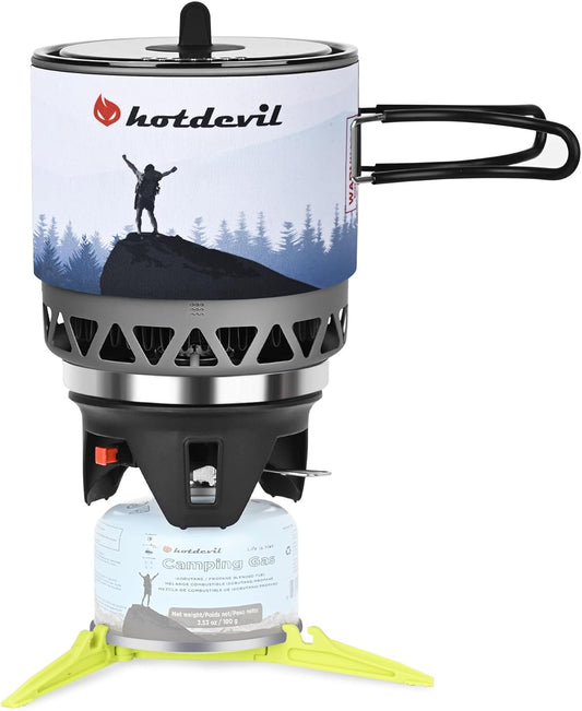 1.2L Backpacking Camping Stove Cooking System with Piezo Ignition, Outdoor Portable Burner with Pot & Brackets Camp Stove Camping Stove Kit Propane, Ideal for Hiking Fishing Hunting
