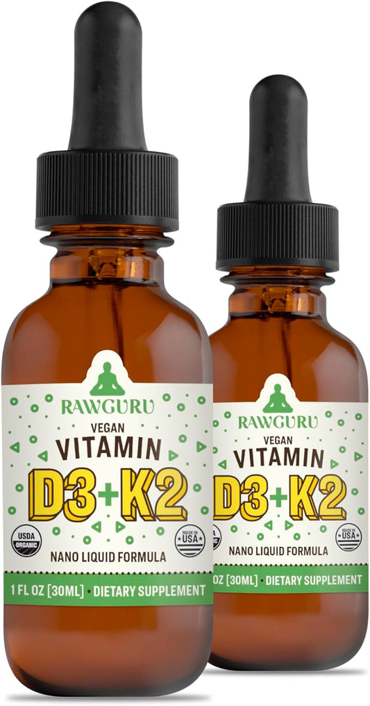 RawGuru Vitamin D3 and K2 - Organic Vegan Vitamin D3 with K2 & Trace Minerals - Nano-Processed Antioxidant & Immune Support Supplement Tincture - 30 Servings of Vegan Drops per 30 ml, Pack of 2