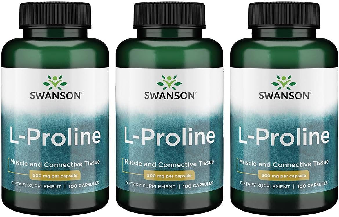 Swanson Amino Acid L-Proline Dietary Supplement Collagen Connective Tissue Support 500 mg 100 Capsules (Caps) (3 Pack)