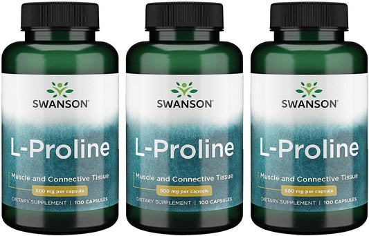 Swanson Amino Acid L-Proline Dietary Supplement Collagen Connective Tissue Support 500 mg 100 Capsules (Caps) (3 Pack)
