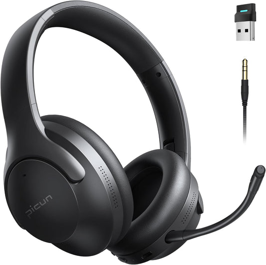 Picun Wireless Gaming Headsets with Active Noise Cancelling, 2.4Ghz\/Bluetooth Over Ear Headphones with Detachable Boom Mic, 3D Surround Sound, 50H Playtime for PC, PS5\/PS4, Laptop, Cellphones (Black)