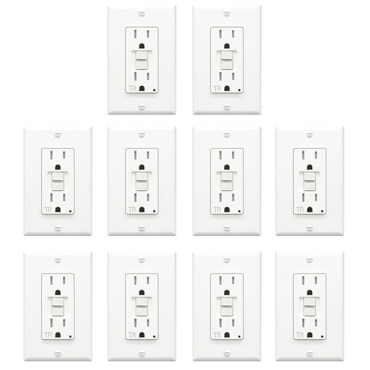 [10-Pack] ThunderWay GFCI Outlet 15 Amp, Tamper-Resistant Receptacle, Self-Test with LED Indicator, Indoor\/Outdoor Use, UL Listed, White - Includes Decor Wall Plates and Screws