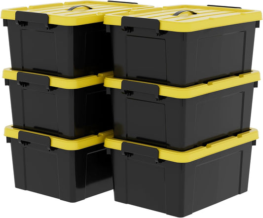Cetomo 40Qt*6 Plastic Storage Bins, Tote Storage Box with Handle, Stackable, Black and Yellow, 40Quart-6 Pack