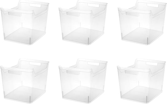 Sterilite Wide Shelf Bin with Handles, Plastic Storage Container for Organizing Shelving, Closet, Pantry, and Countertops, Clear, 6-Pack