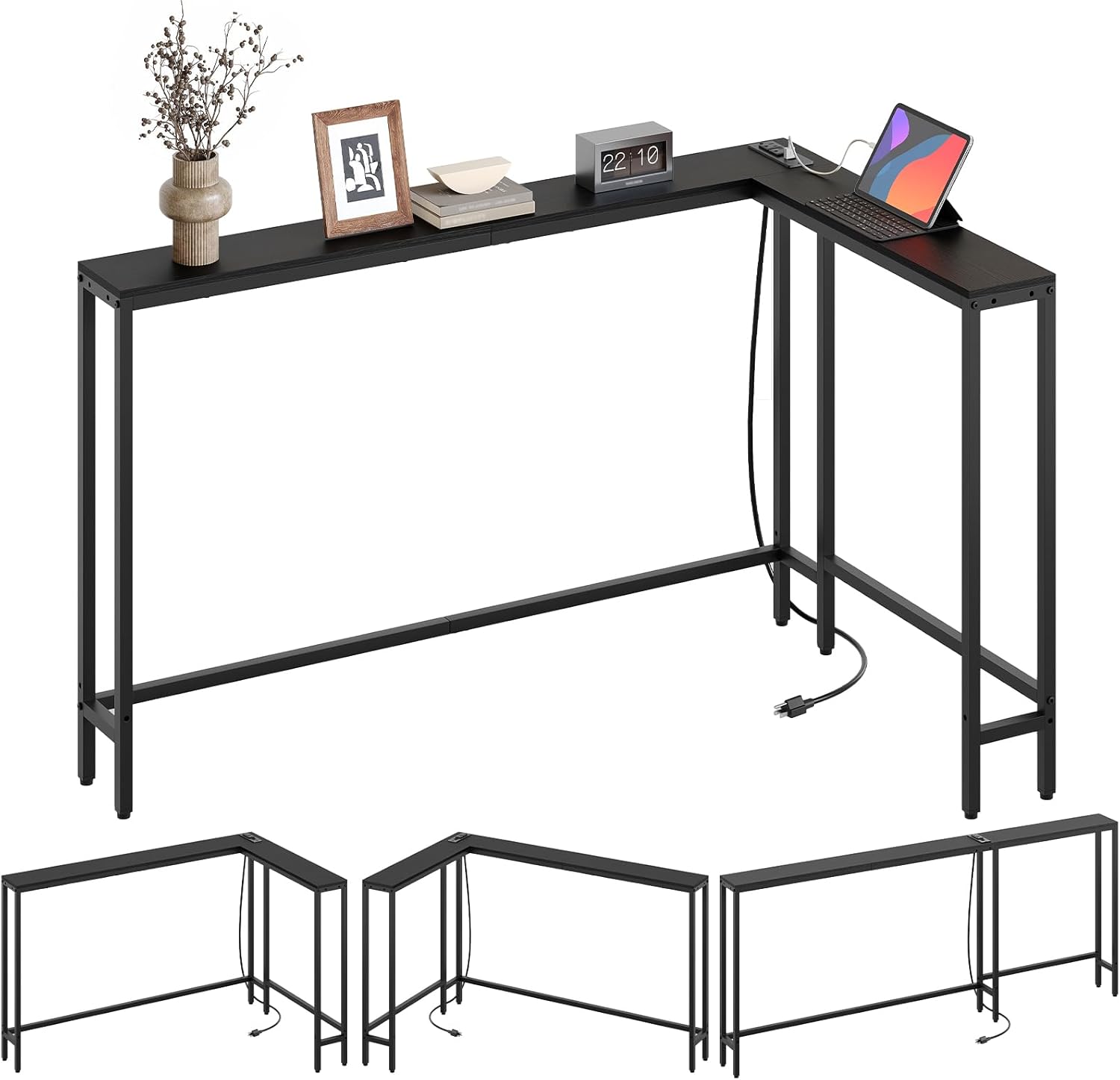 YATINEY L Shaped Console Table, 70.9" Long Narrow Sofa Table, Behind Couch Table, Entryway Table with 2 Outlets and 2 USB Ports, for Living Room, Hallway, 3 Assembly Options, Black CT07UBB
