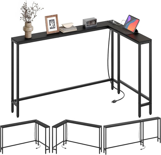YATINEY L Shaped Console Table, 70.9" Long Narrow Sofa Table, Behind Couch Table, Entryway Table with 2 Outlets and 2 USB Ports, for Living Room, Hallway, 3 Assembly Options, Black CT07UBB