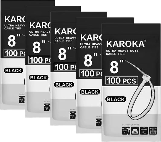Zip Ties Heavy Duty 8 inch with 120 Pounds Tensile Strength, Black Heavy Duty Cable Ties, 500 Pack, by Karoka