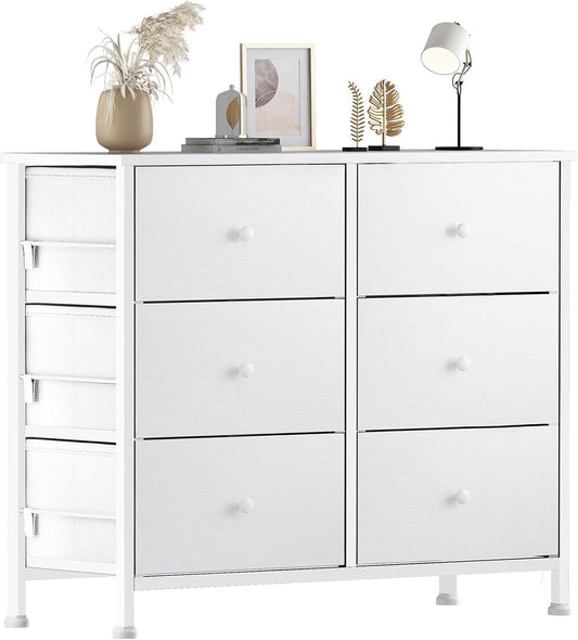 BOLUO White Dresser for Bedroom 6 Drawer Organizers Fabric Storage Chest Tower Small Dressers Unit for Closet Nursery Hallway Office, Kids and Adult Modern