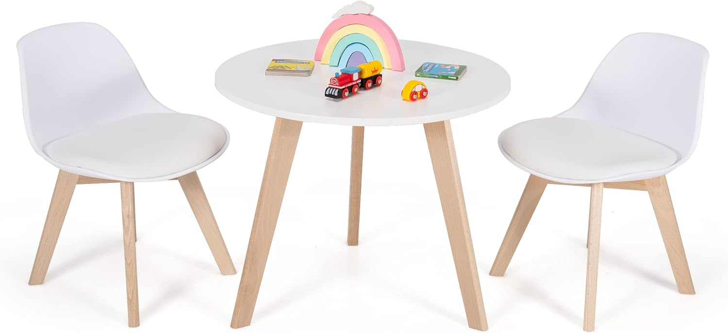 Costzon Kids Table and Chair Set, 3 PCS Wood Activity Play Table w\/Padded Seat & Wood Legs for Arts, Crafts, Reading, Preschool, Kindergarten, Playroom, Mid Century Modern Toddler Table and Chairs