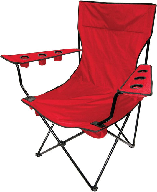 Creative Outdoor Camping Folding Chair, Extra King-Size Padded Camping Seat with Arm Rest, Multiple Cup & Wine Glass Holders with Cooler Bag, Support 450 LBS, Red, Alloy Steel Black
