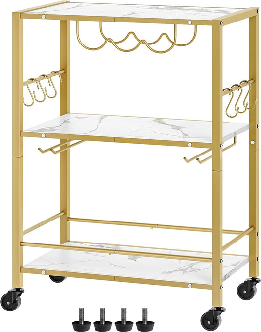 YATINEY Bar Cart Gold, 3-Tier Serving Cart, Kitchen Cart with Wine Rack and Cup Holders, Beverage Cart, Mobile Microwave Cart with 6 Hooks, for Kitchen, Living Room, White and Gold BC02DW