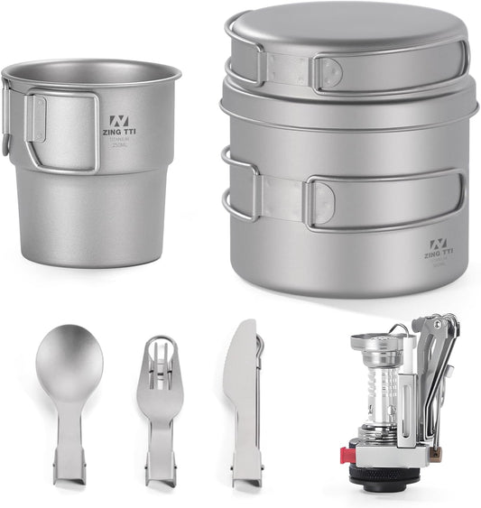 Titanium Pot Set, Camping Cookware Kit, Lightweight Pot with Mini Stove, Titanium Cup, Titanium Fork, Titanium Spoon, Titanium Knife for Backpacking, Outdoor Cooking Hiking and Picnicking