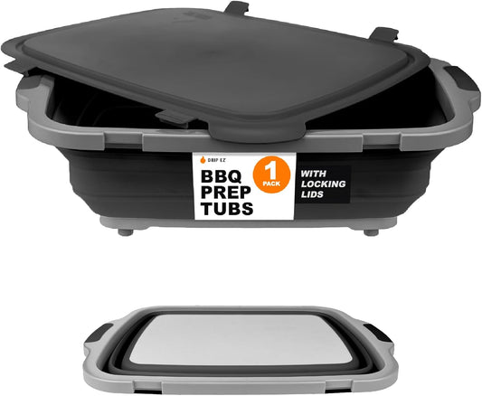 Drip EZ Collapsible BBQ Prep Tub (V2) - For Meal Prep Marinating Food Storage - Includes Cutting Board & Locking Lid - (1) XL - Black