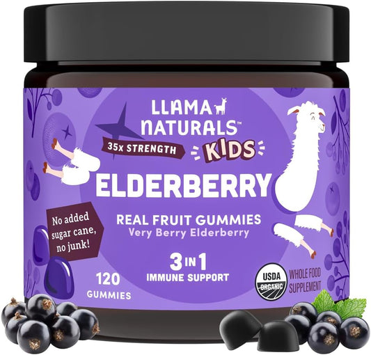 Llama Naturals Real Fruit Sambucus Elderberry Gummies for Kids, No Added Sugar Cane, Vegan, Organic Toddler Immune Support, Zinc & Vitamin C Children 120 Count (2-4 Month Supply)