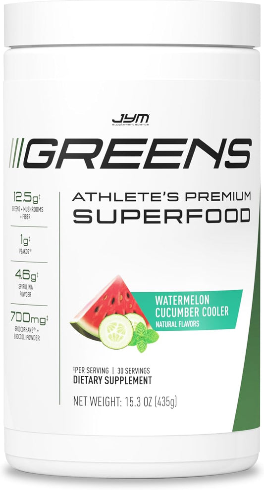 JYM Greens Super Food Powder for Performance, Watermelon Cucumber, Spirulina, Mushrooms, Vitamins, BroccoPhane & Broccoli, Men & Women, 30 Servings
