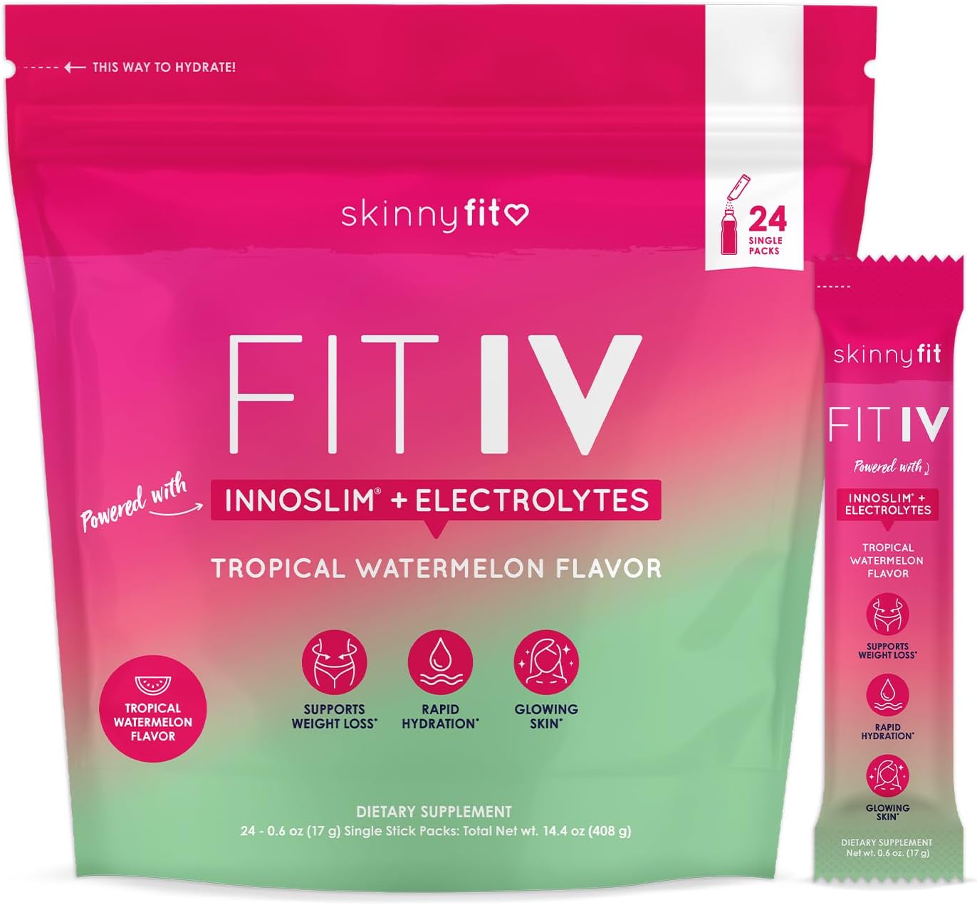 SkinnyFit FIT IV Hydrating Electrolytes Plus Weight Managing Innoslim, Vitamin B12 & Vitamin C, Rapid Hydration, Healthy Aging, 24 Servings