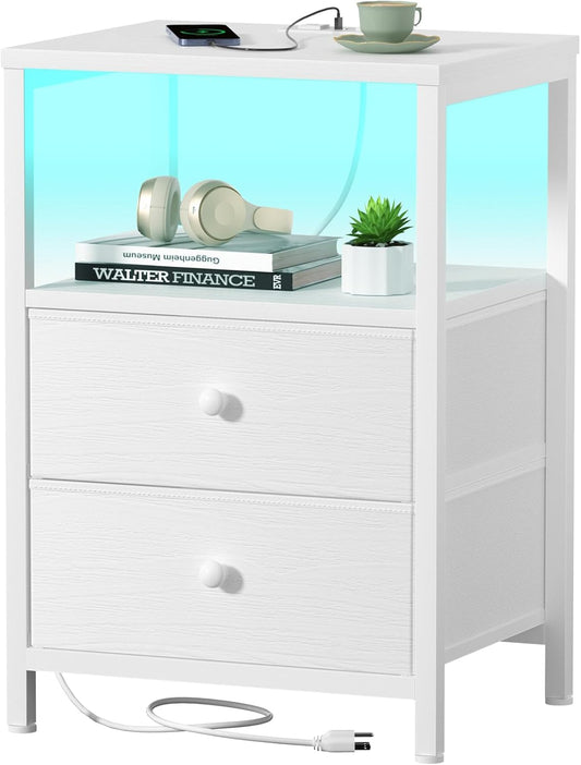 BOLUO White Nightstand with Charging Station, LED Night Stand with 2 Fabric Drawers, Bedside Table with USB Ports and Outlets, Nightstand for Bedroom Modern