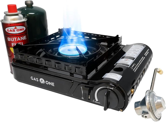 GasOne Dual Fuel Portable Camping Stove 15,000BTU With Brass Burner Head, Dual Spiral Flame Gas Stove - Patented