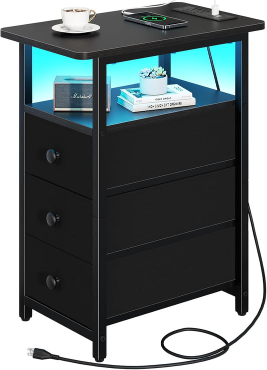 Yoobure End Table with Charging Station, LED Narrow Side Table Bedside Table, Small Night Stand End Tables Living Room, Skinny Nightstand with 3 Fabric Drawers, Side Tables Bedroom for Small Spaces