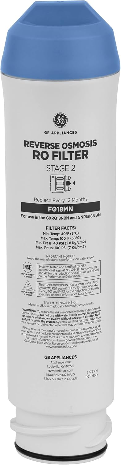 GE Membrane Filter Compatible with Select GE Under Sink Filtration Systems Including GXRQ18NBN, GNRQ18NBN, GXRV40TBN | Replace Every 12 Months | FQ18MN
