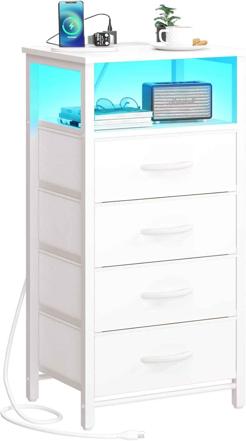 Yoobure White Nightstand - Small Dresser for Bedroom, LED Night Stand with Charger Station, Bedside Table with 4 Fabric Drawers and Open Shelf, Vertical Dressers with USB Ports and Outlets
