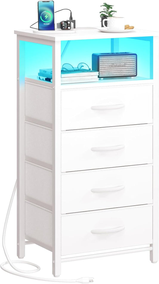 Yoobure White Nightstand - Small Dresser for Bedroom, LED Night Stand with Charger Station, Bedside Table with 4 Fabric Drawers and Open Shelf, Vertical Dressers with USB Ports and Outlets