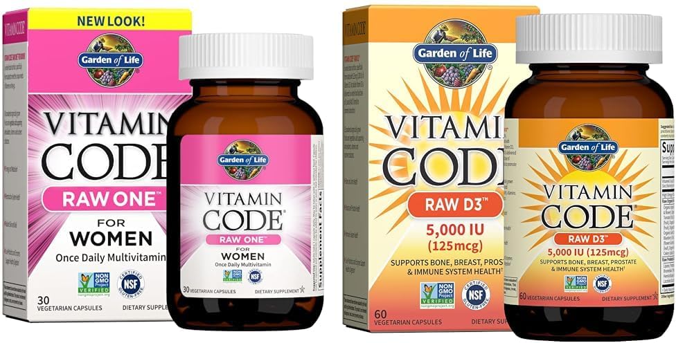 Garden of Life Multivitamin for Women, Vitamin Code Raw One & Vitamin D, Vitamin Code Raw D3, Vitamin D 5,000 IU, Raw Whole Food Vitamin D Supplements with Chlorella, Fruit, Veggies