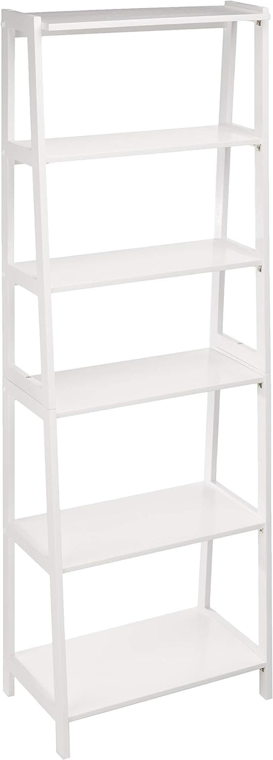 Amazon Basics 5 Shelf Sturdy Rubberwood Ladder Bookshelf for Book Storage, White, 15.03" D x 25.98" W x 74.48" H