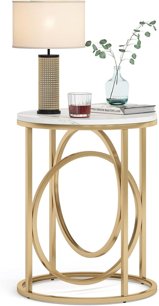 Tribesigns Marble Side Table, White and Gold End Table with Thickened Top and Metal Frame, Round Sofa Side Tables for Living Room, Bedroom
