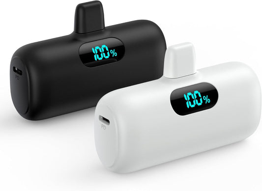 [2 Pack]Mini Portable Charger 5000mAh,Ultra-Compact 15W PD Fast Charging Power Bank,LCD Display Cute Battery Pack Backup Charger Compatible with iPhone 14\/14 Pro Max\/13\/13 Pro\/12\/XR\/8\/7\/6-Black+White