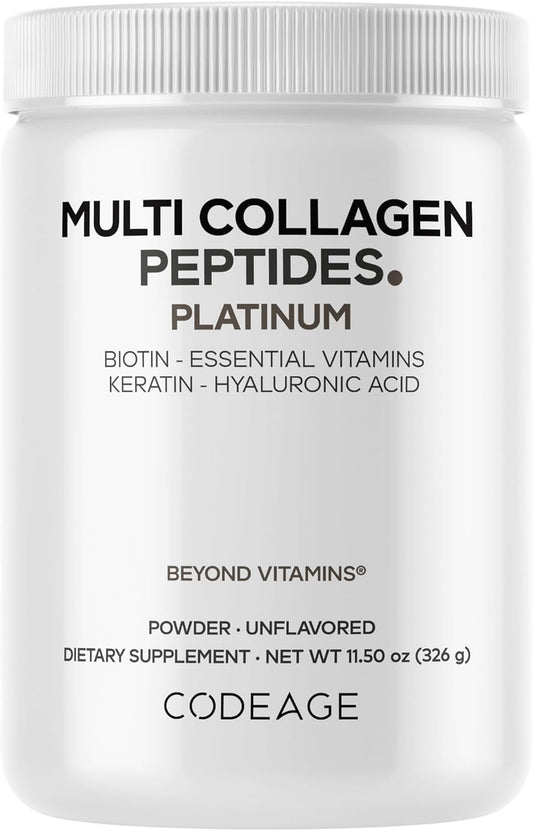 Codeage Multi Collagen for Women & Men Biotin 10000mcg Keratin, Protein Powder Vitamin C B6 D3, Hyaluronic Acid, Niacin - Hydrolyzed Collagen Coffee Creamer 5 Types - Unflavored - Non-GMO - 11.5oz