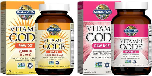 Garden of Life Vitamin Code Raw D3 2000IU + B12 1000mcg Whole Food Supplement Bundle, 120 + 30 Capsules
