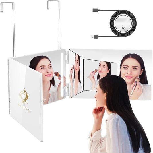 GLDDAO LED 3 Way Mirror to See Back of Head 360 Mirror for Women for Braiding Hair Telescoping Hooks Anti-Fog HD Glass Three Way for Self Hair Cutting Makeup Trifold