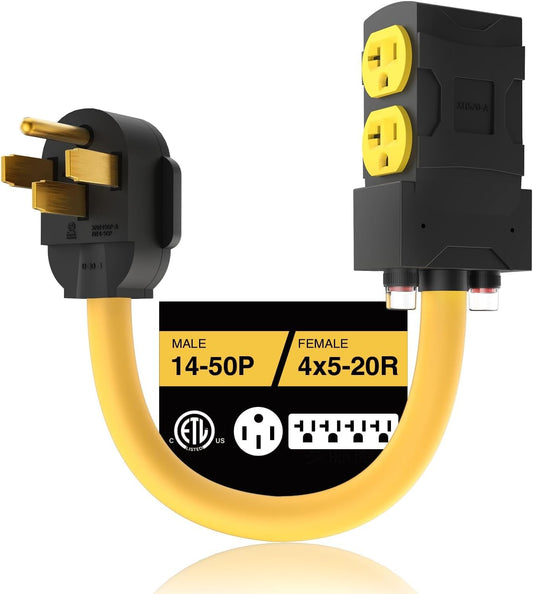 [240V to 120V] 50 Amp to 20 Amp 110 Adapter with Circuit Breaker RV Generator Adapter Cord Distribution NEMA 14-50 Adapter to 4X 5-15R/5-20R T-Blade Multiple Use ETL Listed 1.5 FT Household Outlet