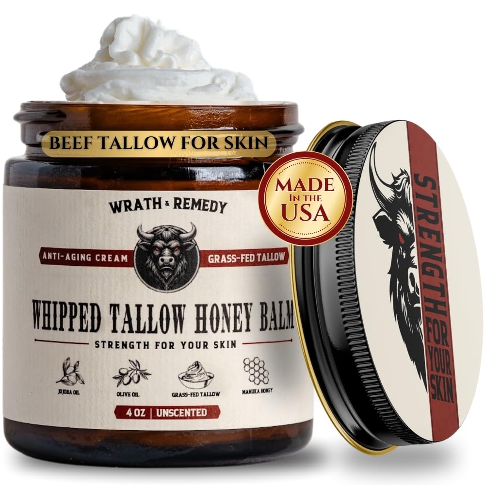 Wrath & Remedy Handmade Whipped Organic Beef Tallow for Skin - 4 OZ (Unscented) \u2014 Grass Fed Beef Tallow Moisturizer and Honey Balm for Silky, Sensitive-Skin, Eczema, Rosacea - Free of Harsh Chemicals