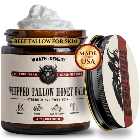 Wrath & Remedy Handmade Whipped Organic Beef Tallow for Skin - 4 OZ (Unscented) \u2014 Grass Fed Beef Tallow Moisturizer and Honey Balm for Silky, Sensitive-Skin, Eczema, Rosacea - Free of Harsh Chemicals