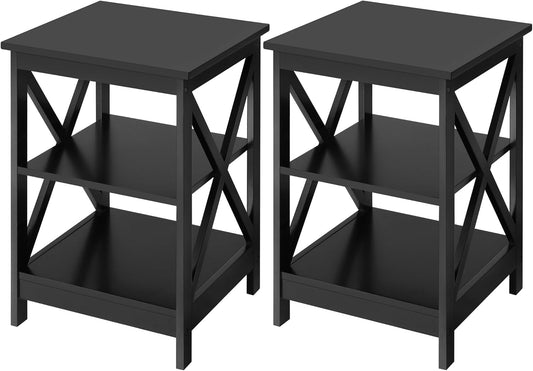 Yaheetech Black End Table Set of 2, 16x16x24 in Sturdy 3-Tier Side Tables with Storage Shelf & Solid Wood Legs, 2Pcs X-Design Modern Sofa Side Table for Living Room Office, Easy Assembly