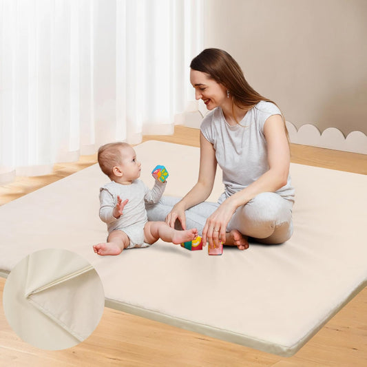 Thick Baby Play Mat for Floor,Reversible Plush & Waterproof Vegan Leather Foam Mat,Removable Cover,Easy Care & Super Soft for Any Playroom and Family Time (50x50x1.3 inches,Beige)