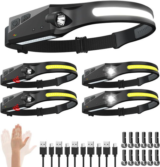 WopkDupk Rechargeable Headlamp 5PCS, 230° Wide Beam Head Lamp, Motion Sensor LED Headlamp Flashlight, 5Mode Headlamps for Adults, Bright Head Lights for Forehead, Hard Hat Headlight