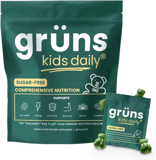 Gruns Kids Super Greens Gummies, Sugar-Free - Superfood Gummy Bears with Spirulina, Chlorella & Prebiotics for Digestive Health - Adaptogens Supplement with 20 Vitamins & Minerals - 1 Month Supply