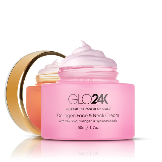 GLO24K Collagen Face and Neck Cream with 24k Gold, Collagen and Hyaluronic Acid. Boost your Skin’s Collagen Levels for a Radiant, Glowing Skin.