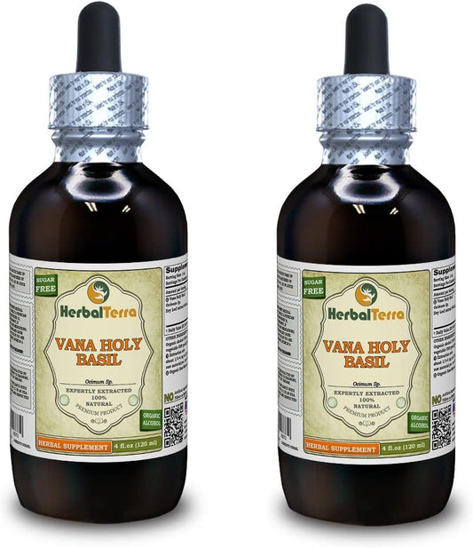 Vana Holy Basil (Ocimum sp.) Tincture, Organic Dried Leaves Liquid Extract (Brand Name: HerbalTerra, Proudly Made in USA) 2x4 fl.oz (2x120 ml)