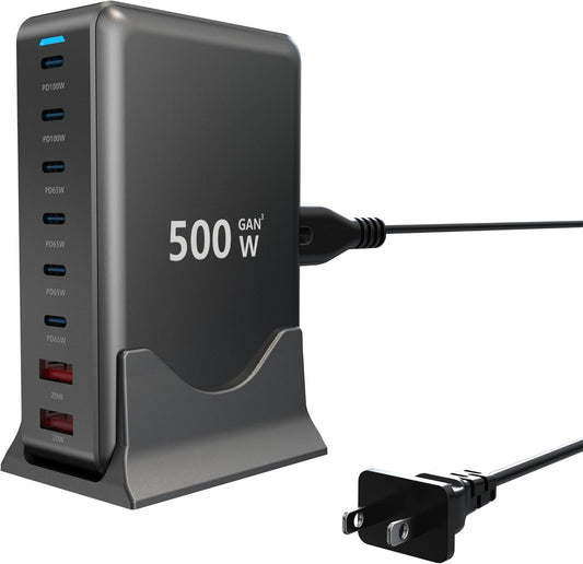 USB C Charger 500W Fast GAN Charger Block 8 Port Charging Station Hub Brick Dual PD PPS 100W Laptop Charger Compatible with DELL HP MacBook Pro/Air/All iPad iPhone 16 15/14/13/Pro Max/Galaxy Note
