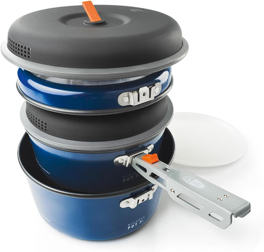 GSI Outdoors Bugaboo Base Camper Medium, High-Efficiency Cookset – Ceramic Non-Stick Coated, Includes 3L & 2L Pots, 8" Fry Pan, Accessories