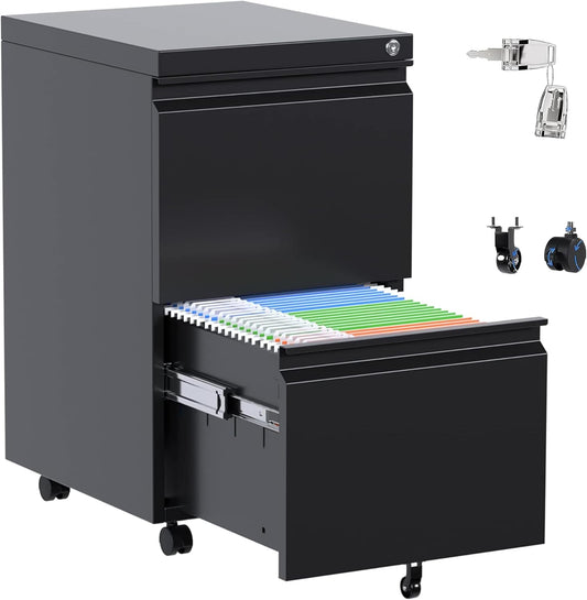 Aobabo Metal 2 Drawer Mobile File Cabinet with Lock, Under Desk Office Steel Filing Cabinet, 25.6''H Legal\/Letter Size, Black, Fully Assembled Except Wheels