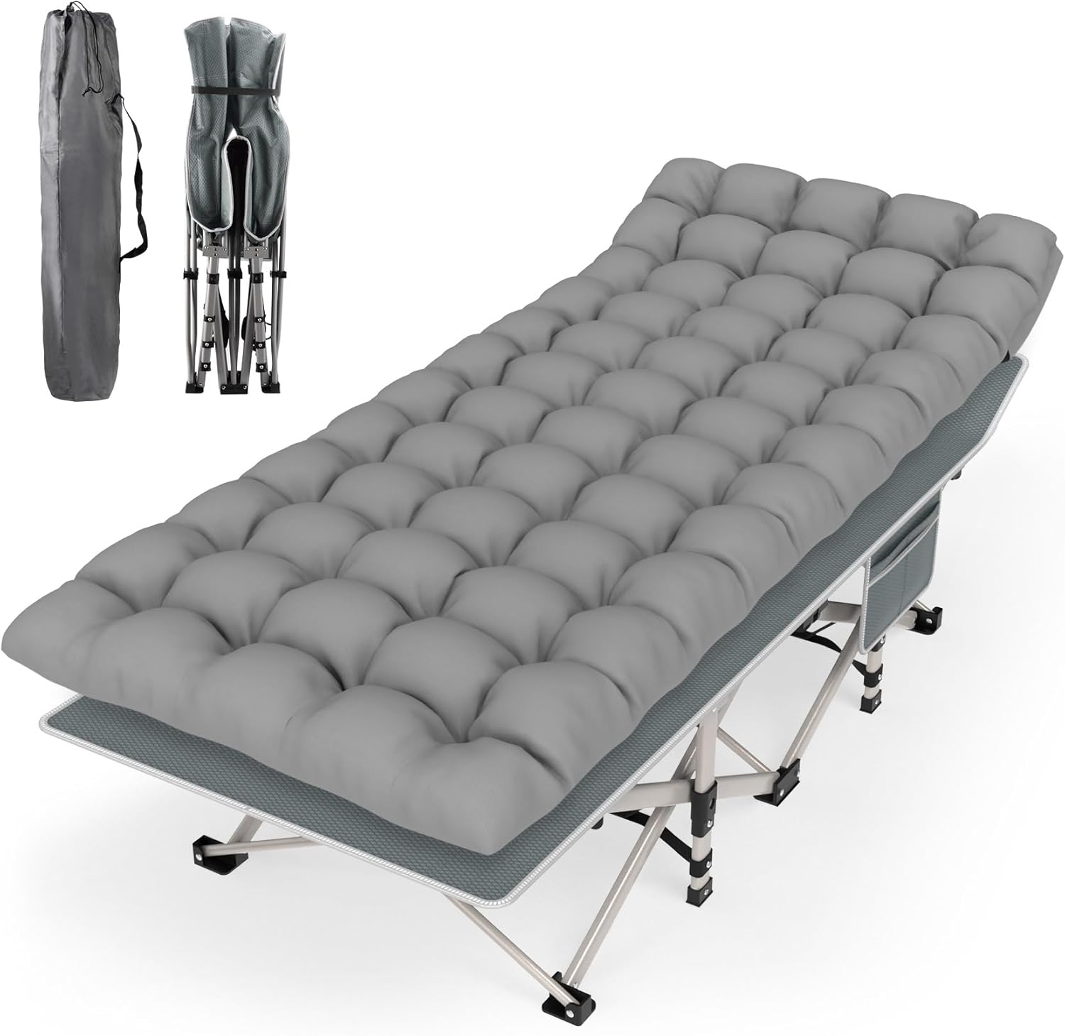 Suteck Camping Cot, Folding Camping Cot Bed for Adults Sleeping 1200D Double Layer Oxford Portable Folding Outdoor Cots for Camping W\/Soft Pad Carry Bag for Home Office Nap Beach Travel, 500LBS,Grey