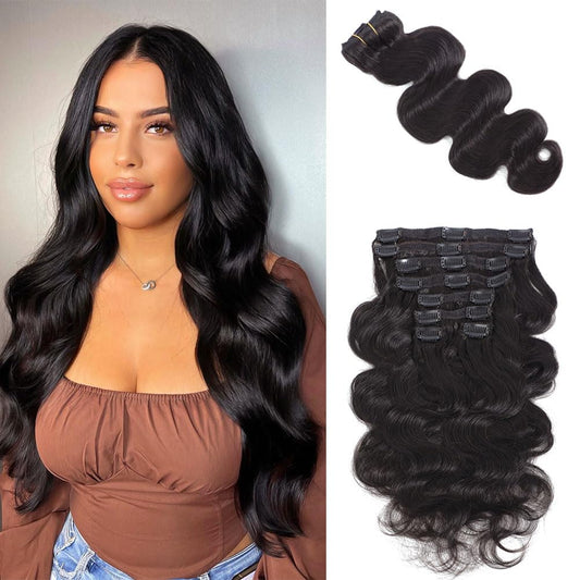 AIWET Body Wave Clip in Hair Extensions Real Human Hair, 8Pcs 120g Wavy Human Hair Clip in Extensions for Women Grade 12A Brazilian Virgin Human Hair Extensions Natural Black (#1B,16 Inch)