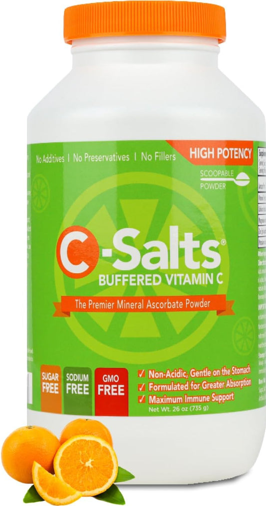 C-Salts 4000mg Vitamin C Powder Supplement - 100% Pure Buffered Powdered Drink with Ascorbate C - Potent Immune Support, Stomach-Friendly Absorption, Organic, Vegan, Sodium & Sugar-Free, Original 26oz